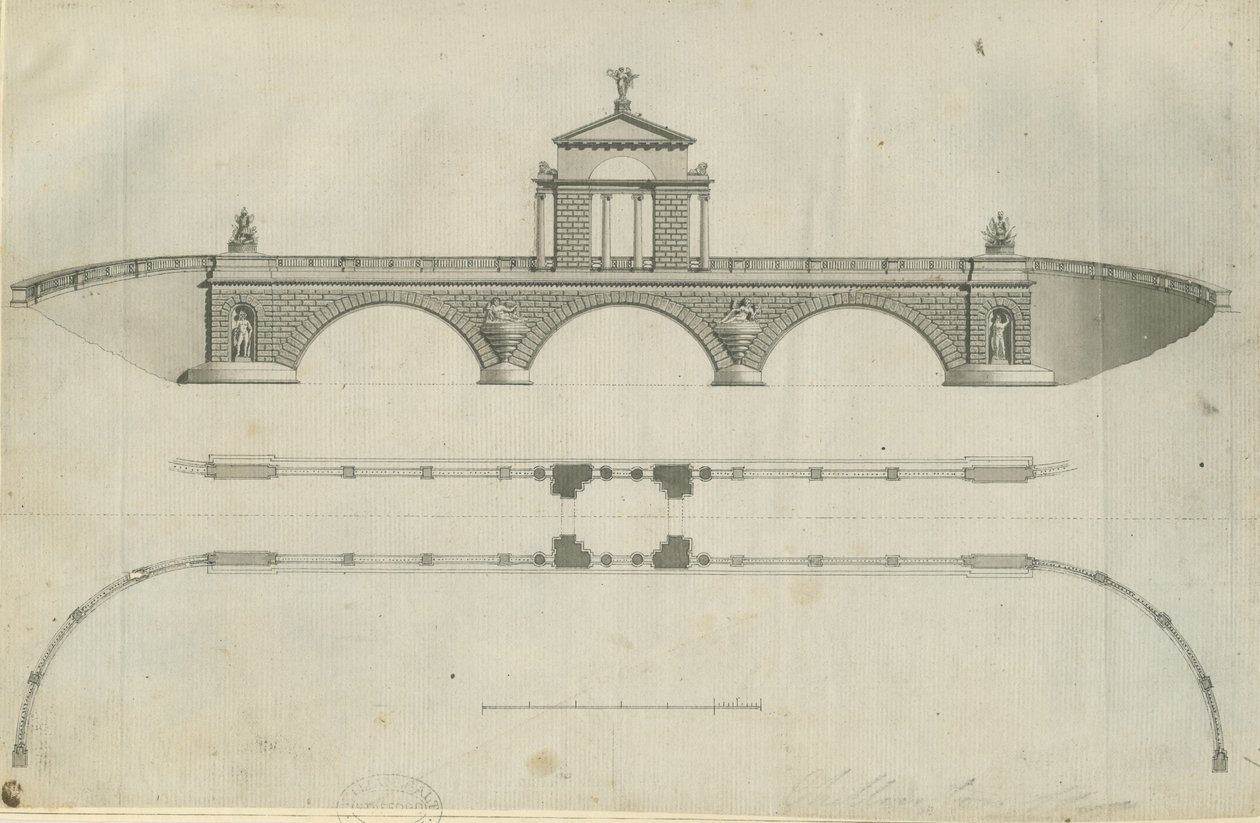 Chillington Park - Proposta de Ponte: desenho sépia, nd [1789] (impressão) de John Soane
