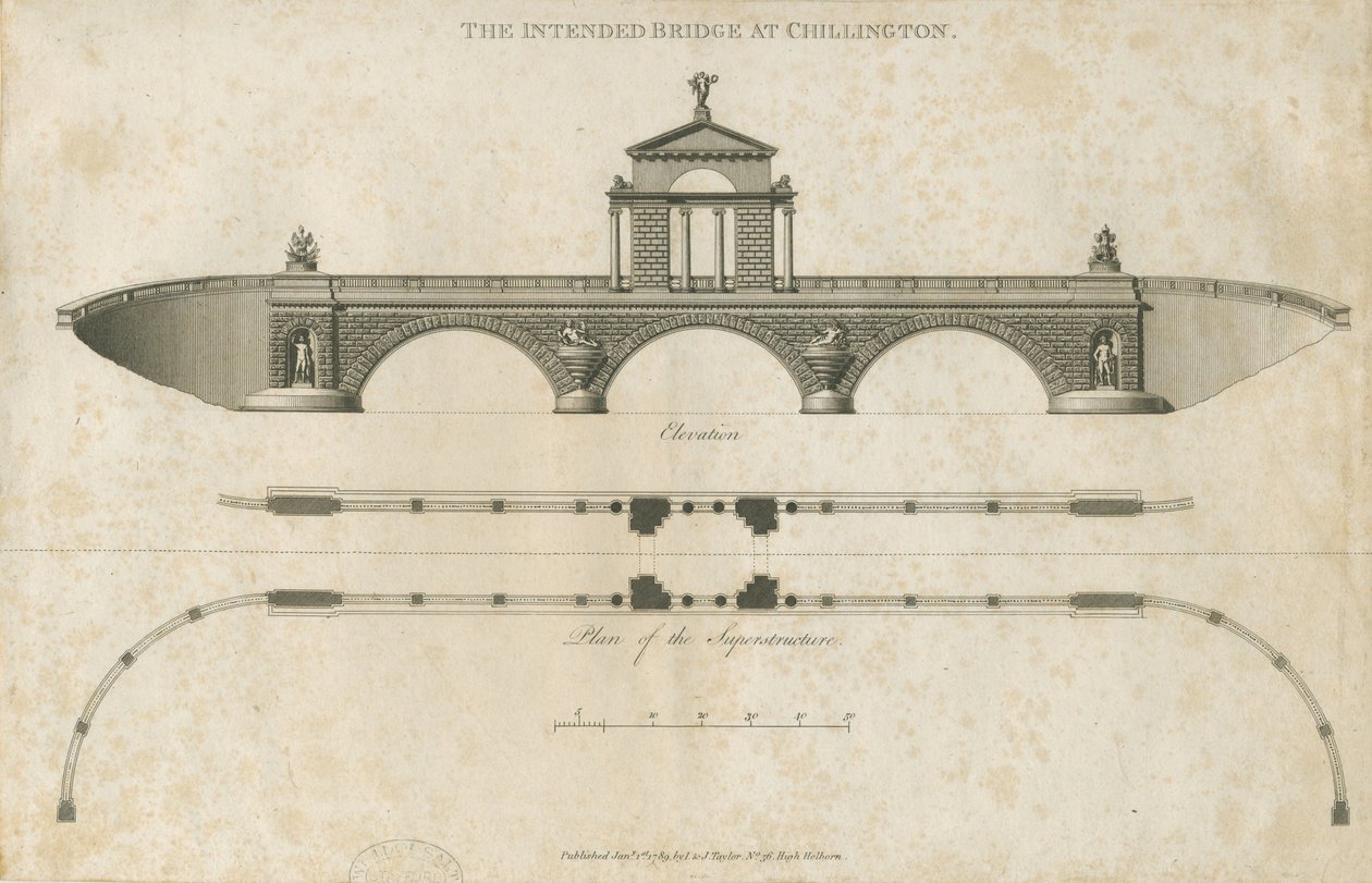 Chillington Park - Proposta de Ponte: desenho sépia, nd [1789] de John Soane