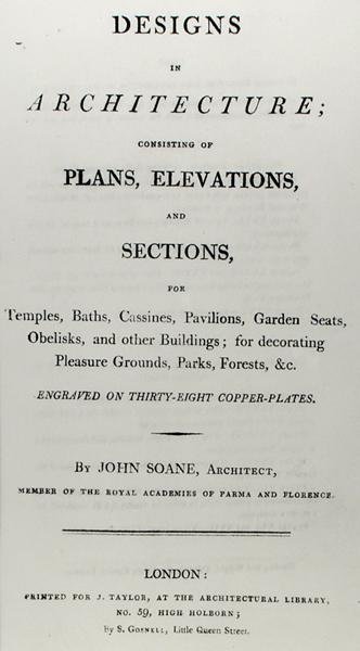 Frontispício para "Desenhos em Arquitetura, Constituídos por Planos, Elevações e Seções", publicado em 1797 (gravura) de John Soane