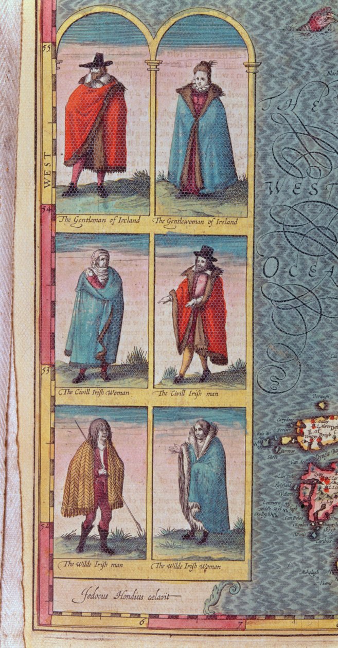 "Tipos" irlandeses, detalhe do reino de Ireland, gravado por Jodocus Hondius (1563-1612), do "teatro do império de Grâ Bretanha", bar. por John Sudbury e George Humble, 1610 de John Speed