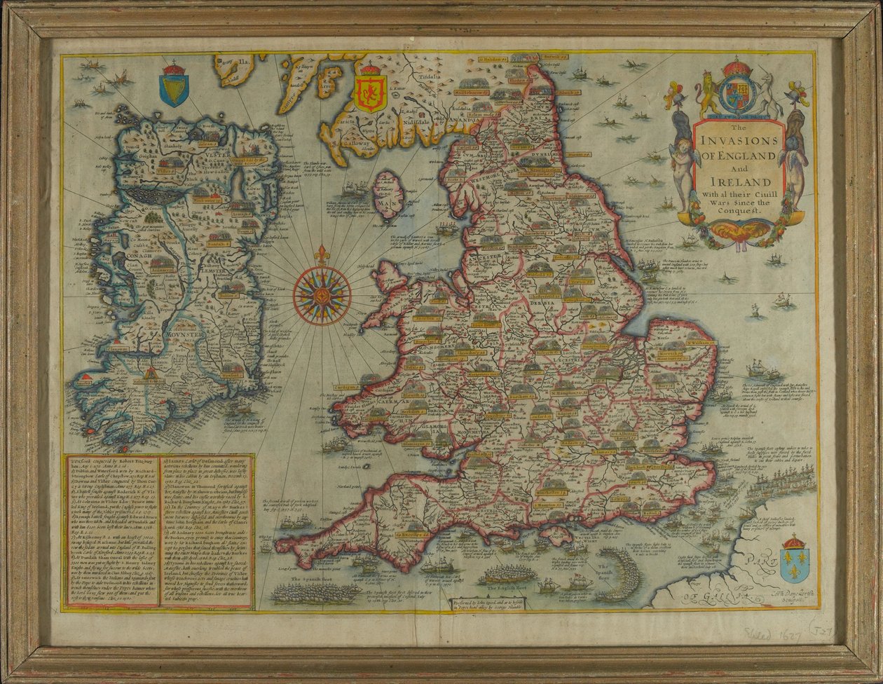 Mapa representando as invasões da Inglaterra e da Irlanda com al [sic] suas guerras Civill [sic] desde a conquista, c.1627 (gravura colorida à mão) de John Speed