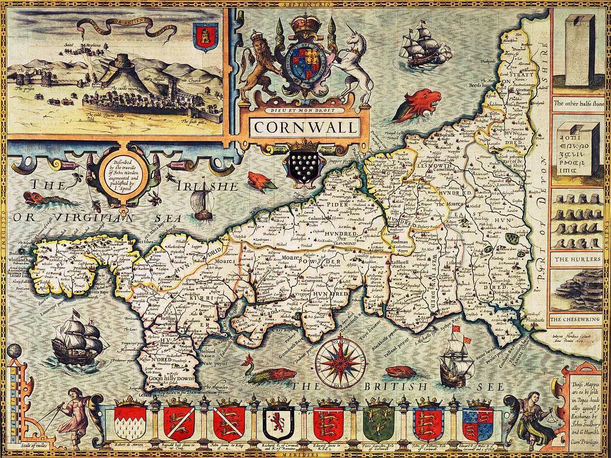 Mapa da Cornualha do &39;Teatro do Império da Grã-Bretanha&39;, pub. em Londres por George Humble, edição de 1627 (gravura colorida à mão) de John Speed
