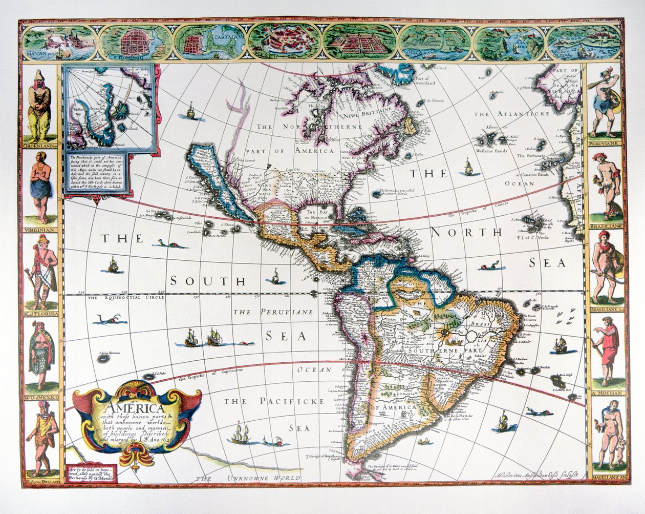 Mapa do Hemisfério Ocidental em 1626 (cor litho) de John Speed