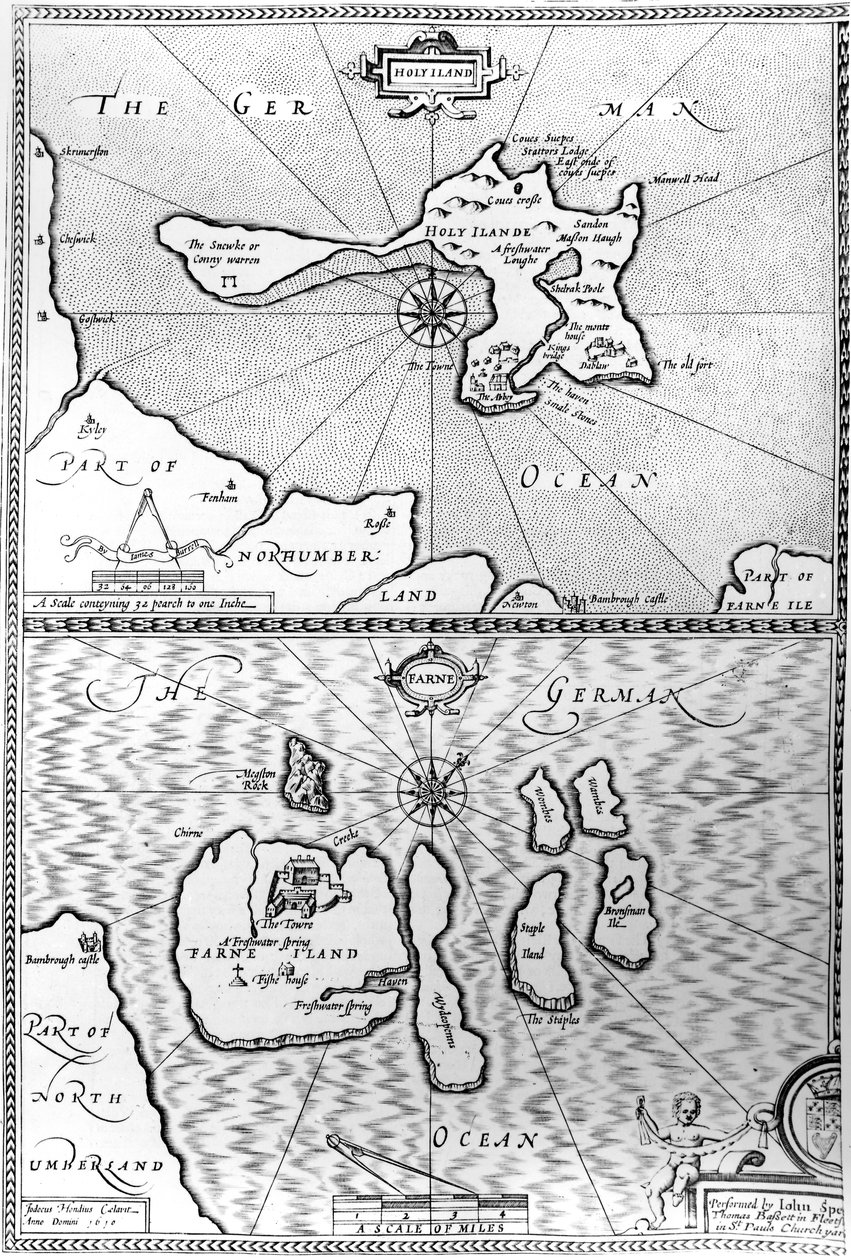 Mapas de Holy Island e Farne Island, Northumberland, de "O Teatro do Império de Britaine Grande" por John Speed, 1676 de John Speed