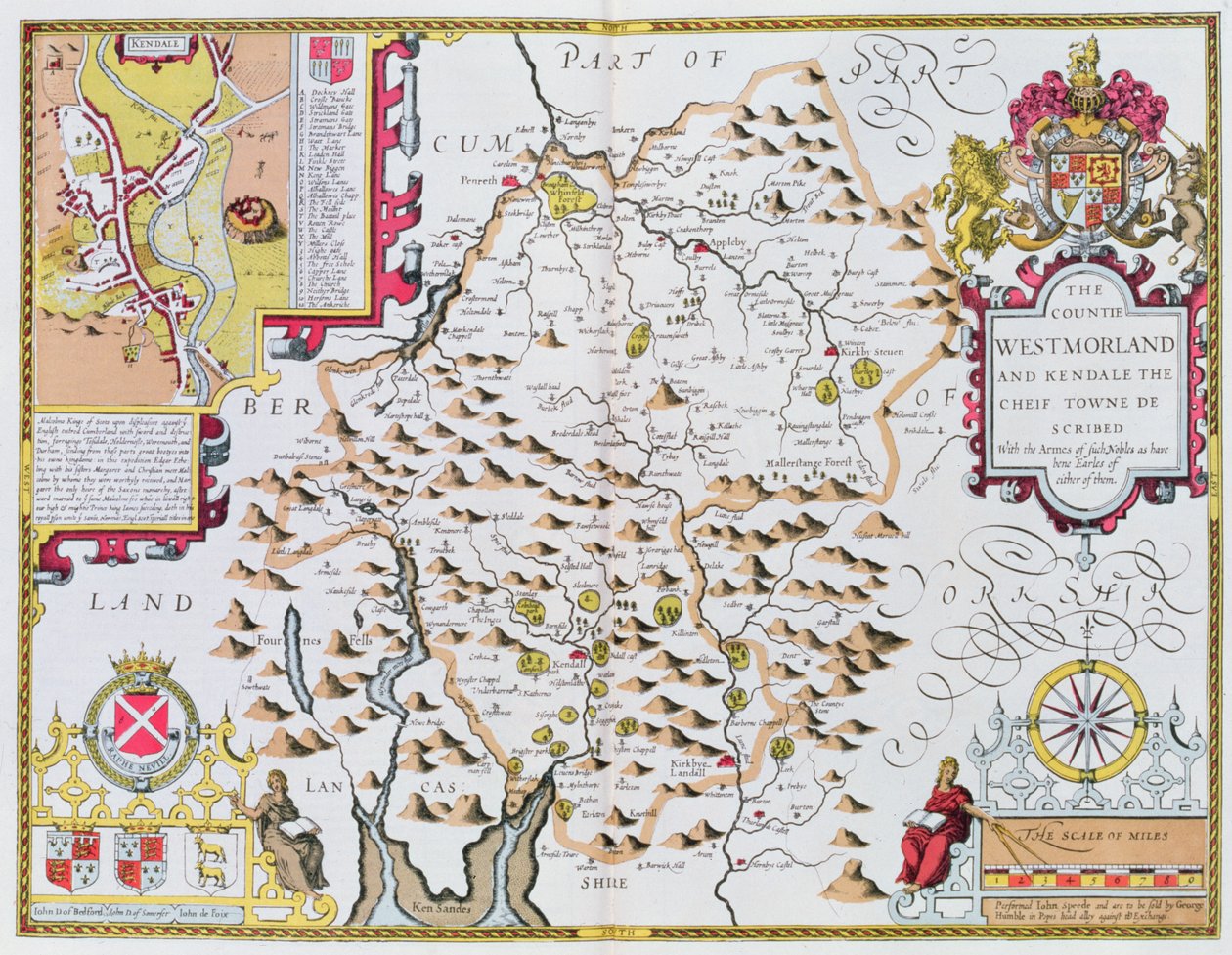 O condado de Westmorland, gravado por Jodocus Hondius (1563-1612) do teatro de John Speeds do império de Grâ Bretanha, bar. por John Sudbury e George Humble, 1611-12 (engra de cobre colorido à mão de John Speed