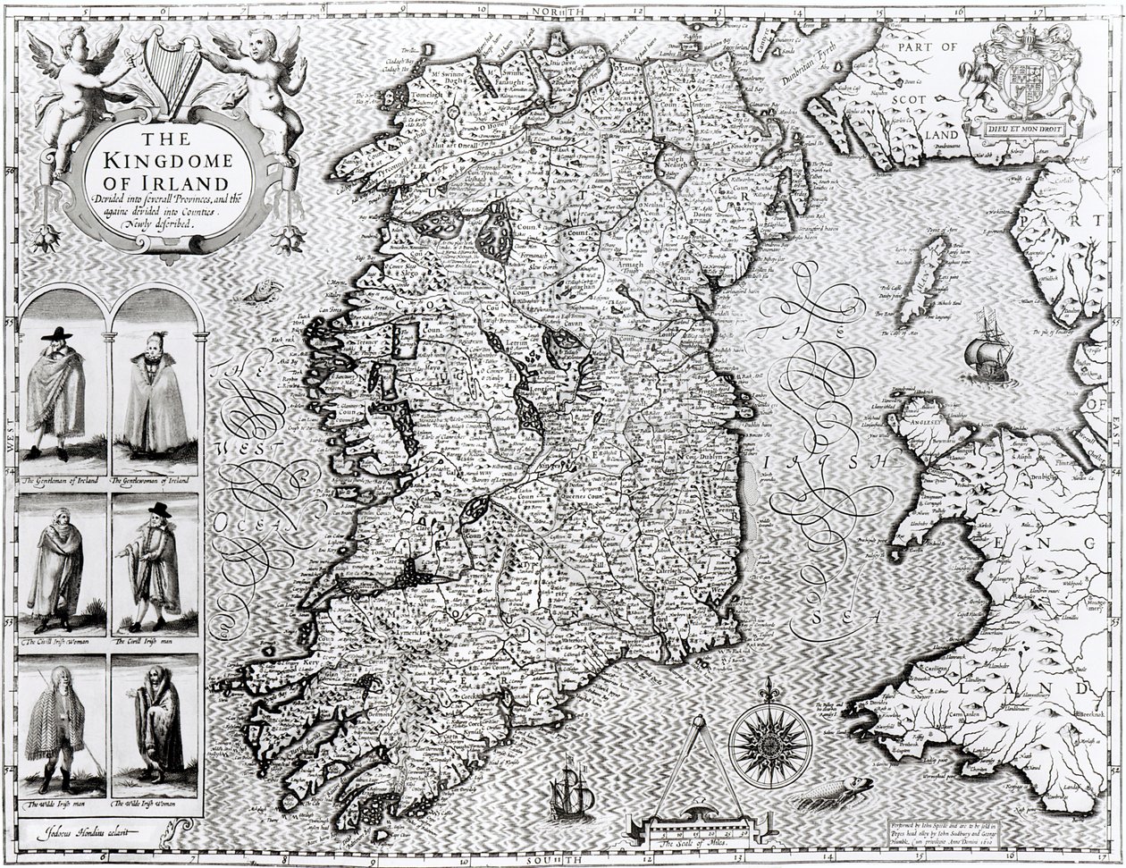 O Reino da Irlanda, gravado por Jodocus Hondius (1563-1612), "Teatro do Império da Grã-Bretanha", pub. por John Sudbury e George Humble, 1611-12 (veja 108099 para detai de John Speed