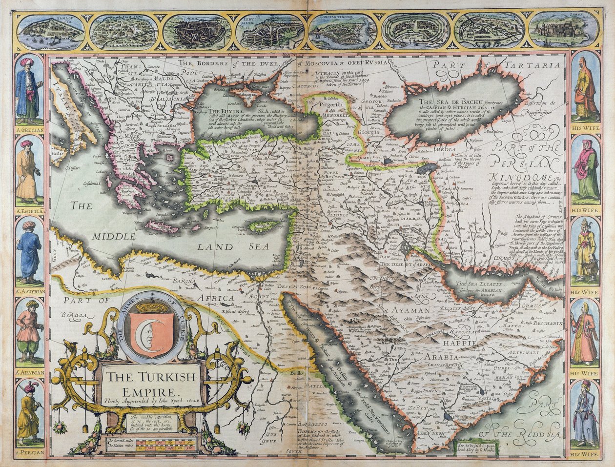 O Império Turco, de "Uma Perspectiva das Partes Mais Famosas do Mundo", impresso por John Dawson para George Humble, 1627 (gravura colorida à mão) de John Speed