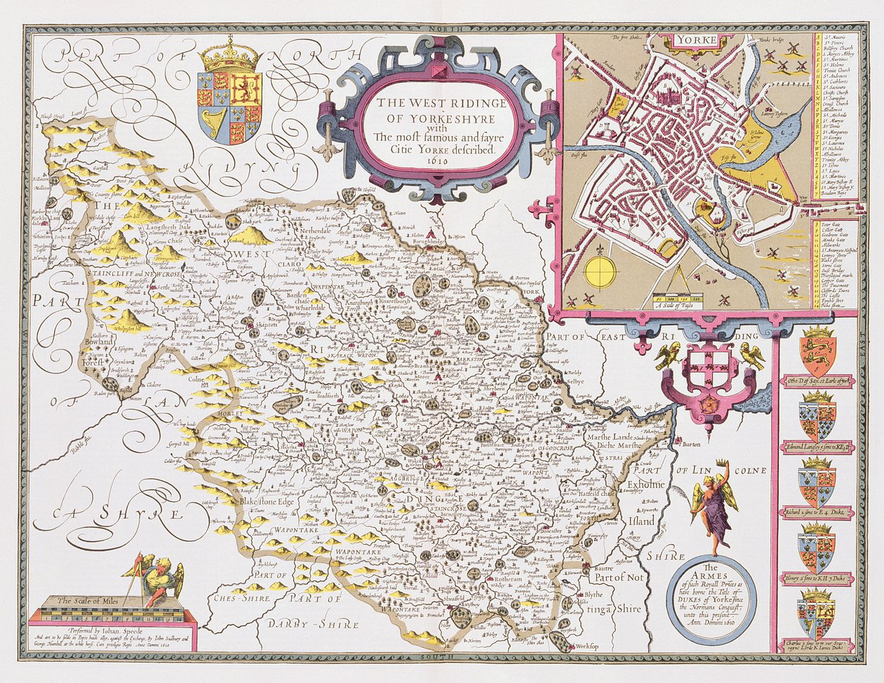 O West Ridinge de Yorkeshyre, gravado por Jodocus Hondius (1563-1612) de John Speed &39;Teatro do Império da Grã-Bretanha&39;, 1611-12 (gravura de cobre colorida à mão) de John Speed