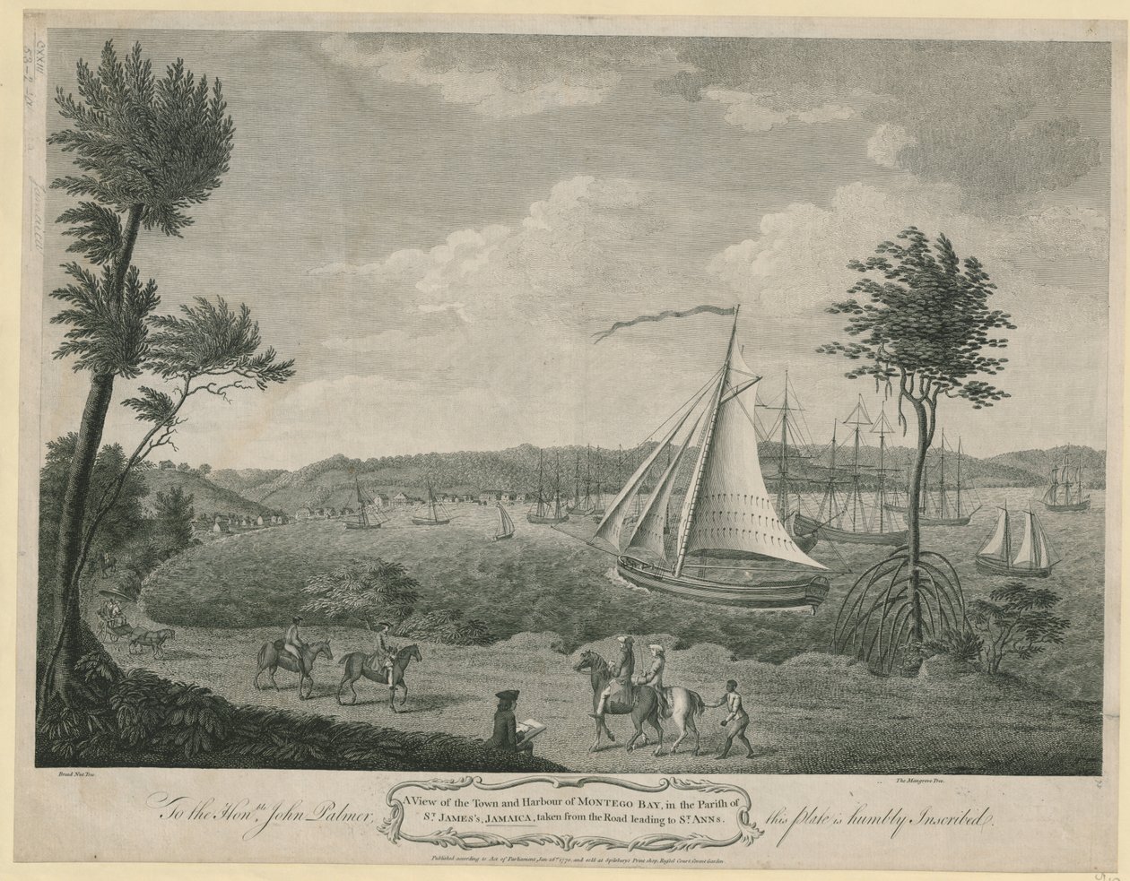 Uma vista da cidade e do porto de Montego Bay, na paróquia de St. James, na Jamacia: tirada da estrada que leva a St. Para o Exmo. Sr. John Palmer esta placa está humildemente inscrita de John Spilsbury