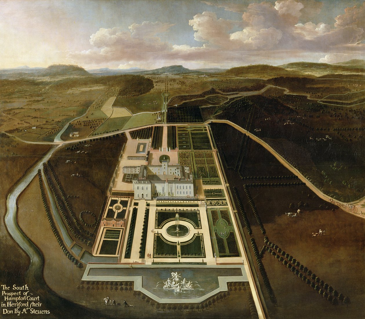 Prospecto Sul de Hampton Court, Herefordshire, c.1705 de John Stevens