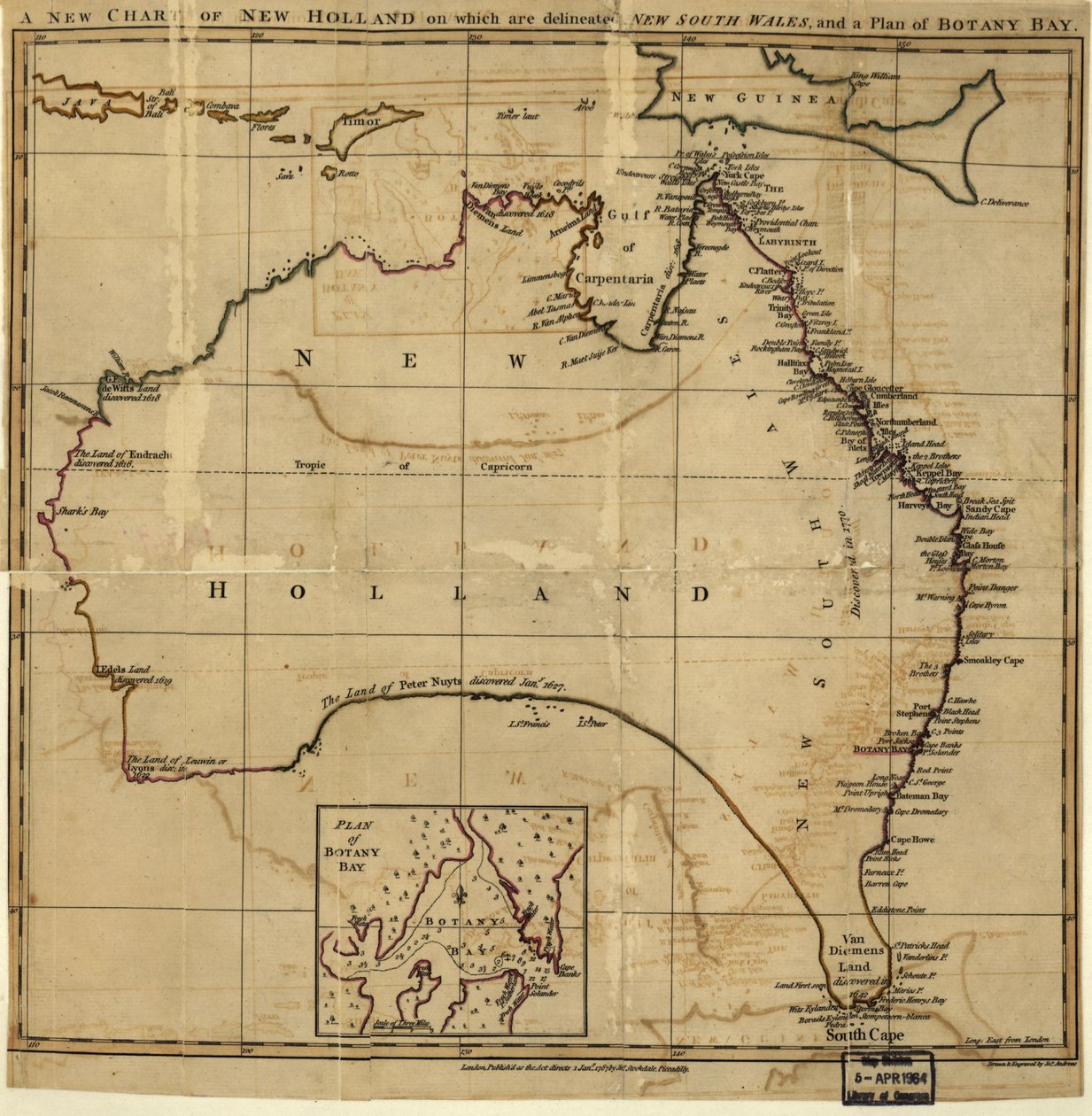 Uma nova carta da Nova Holanda na qual estão delineados New South Wale e um plano para Botany Bay. LOC 00556400 de John Stockdale