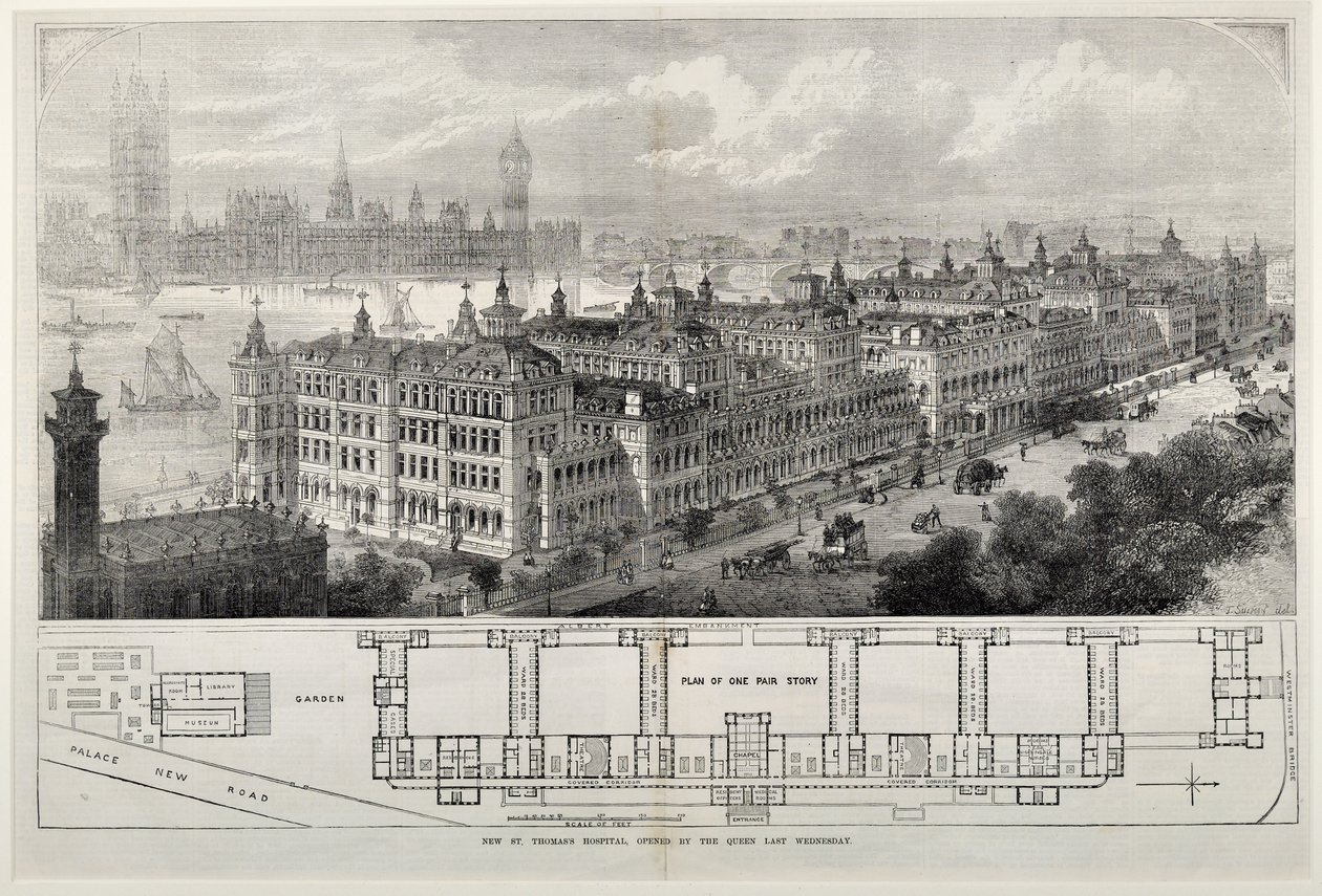 Novo Hospital St. Thomas inaugurado pela Rainha na última quarta-feira de 1871 (gravura em aço) de John Sulman