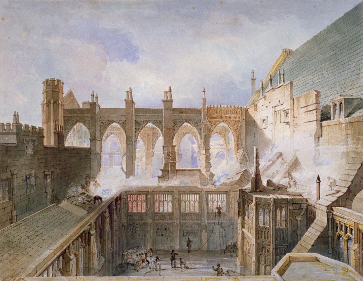 Vista da destruição da Capela de Santo Estêvão, Palácio de Westminster, Londres, 1834 de John Taylor