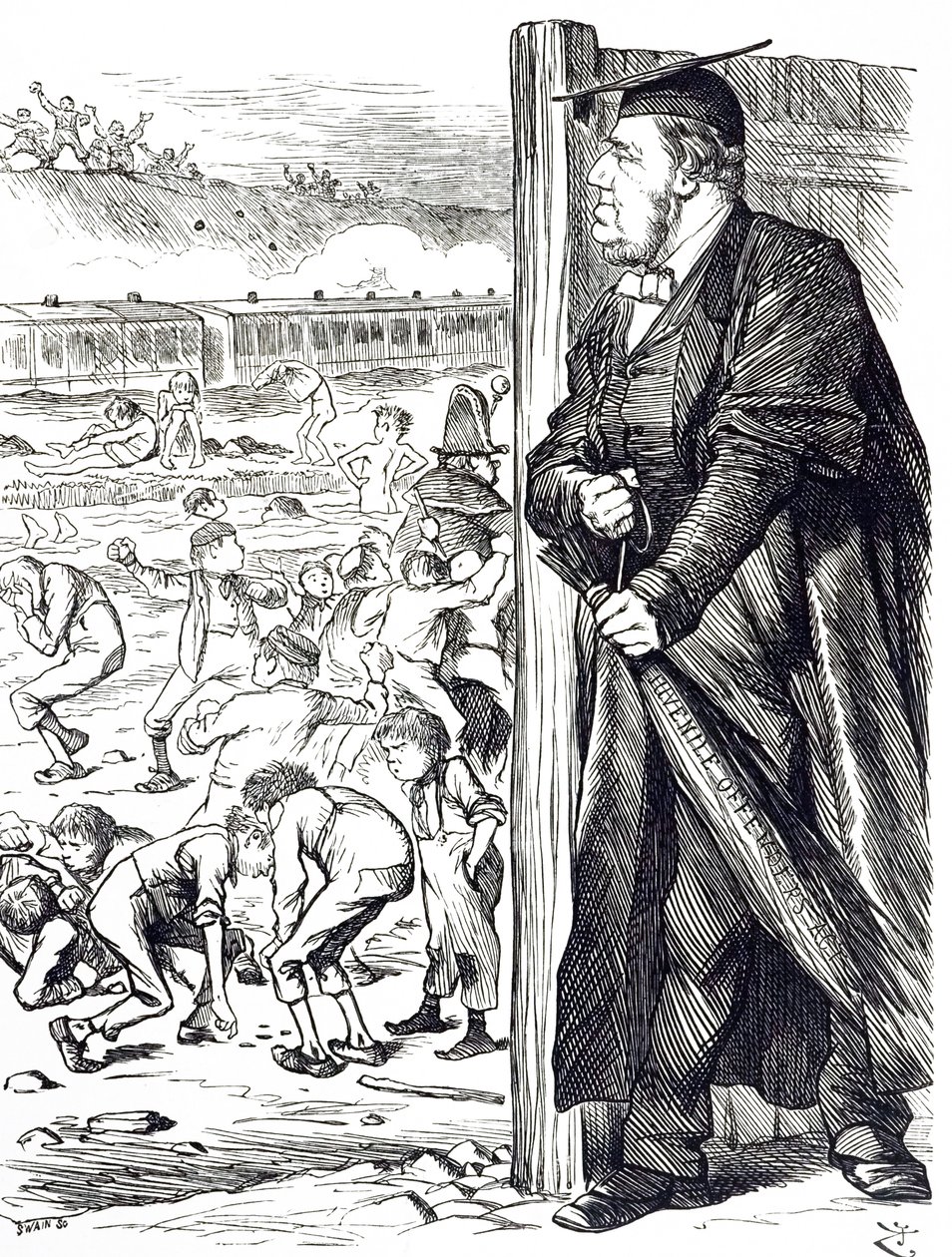 Um desenho animado representando William Vernon Harcourt (1827-1904) que quando o Ministro do Interior recomendou a introdução da bétula em vez da detenção para delinquentes juvenis. Ilustrado por John Tenniel (1820-1914), um ilustrador inglês, humorista g de John Tenniel
