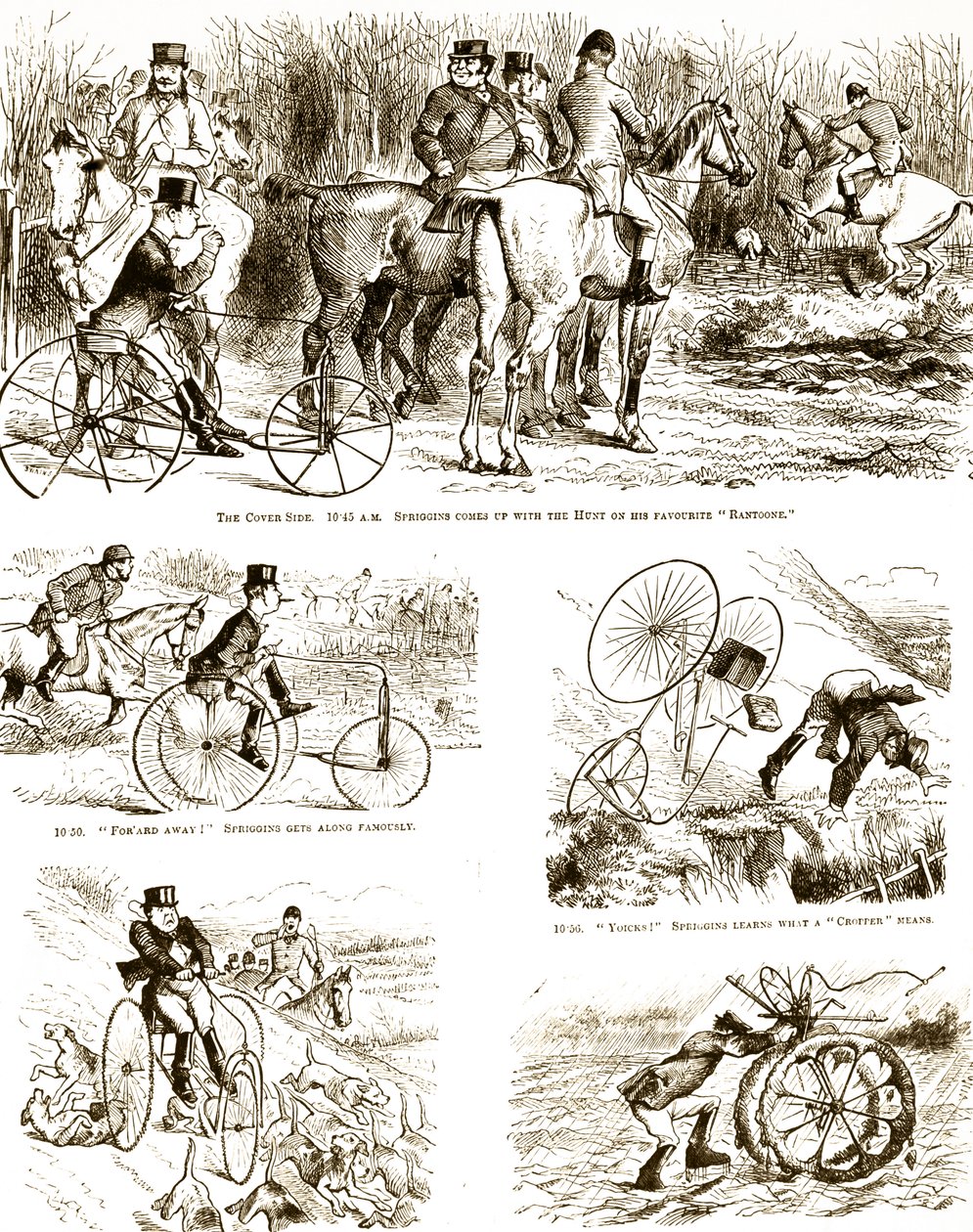 Um desenho animado representando um homem caçando em um triciclo. Ilustrado por John Tenniel (1820-1914) um ilustrador inglês, humorista gráfico e caricaturista político. de John Tenniel