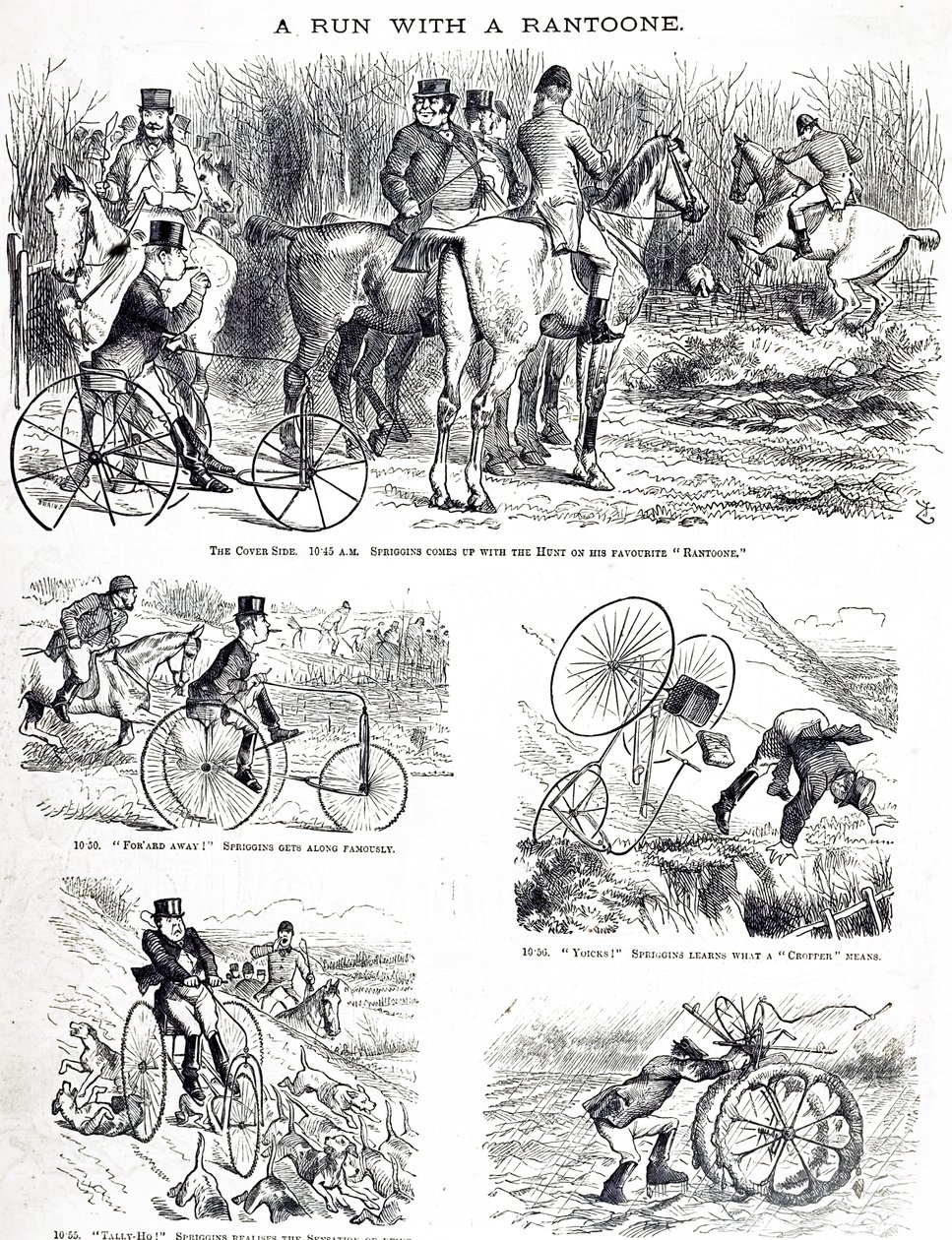 Um desenho animado representando um homem caçando em um triciclo. Ilustrado por John Tenniel (1820-1914) um ilustrador inglês, humorista gráfico e caricaturista político. de John Tenniel