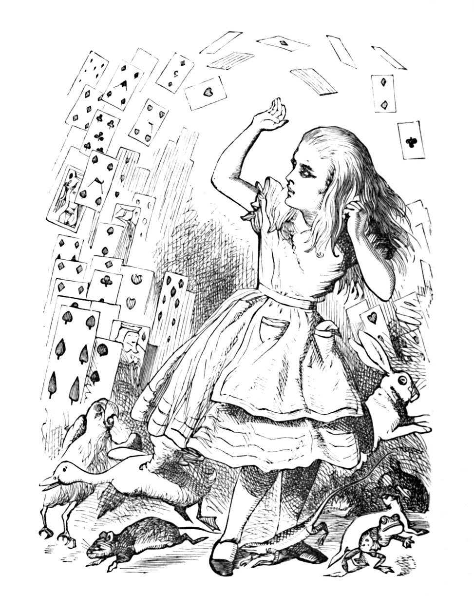 Um baralho voando sobre Alice, 1889 de John Tenniel