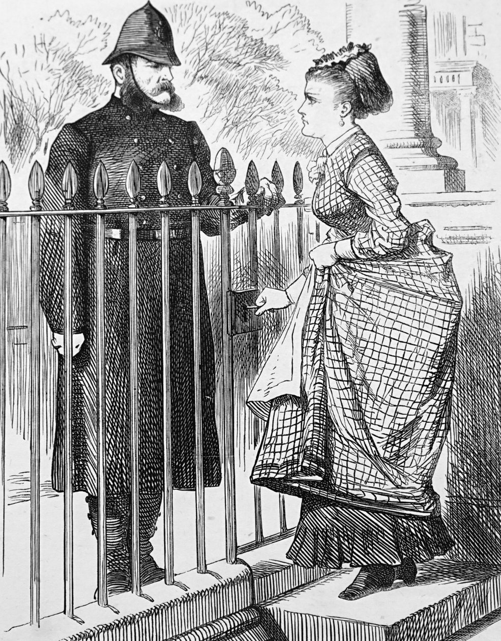 Um polícia a falar com uma jovem mulher de John Tenniel