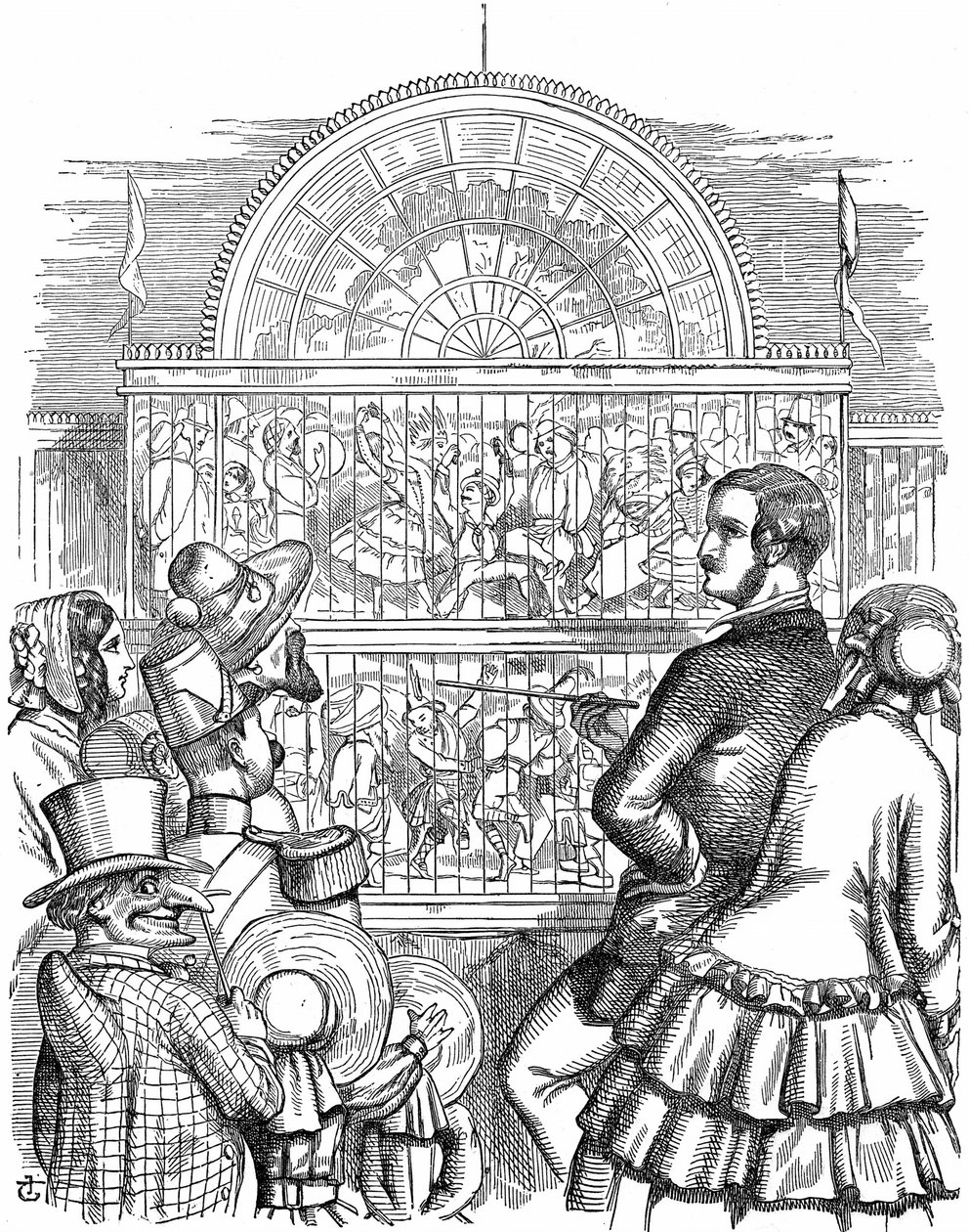 Albert, Príncipe Consorte da Rainha Vitória, exibindo o Palácio de Cristal e a Grande Exposição em Hyde Park, Londres. John Tenniel cartoon de Punch London 1851. Gravura em madeira de John Tenniel