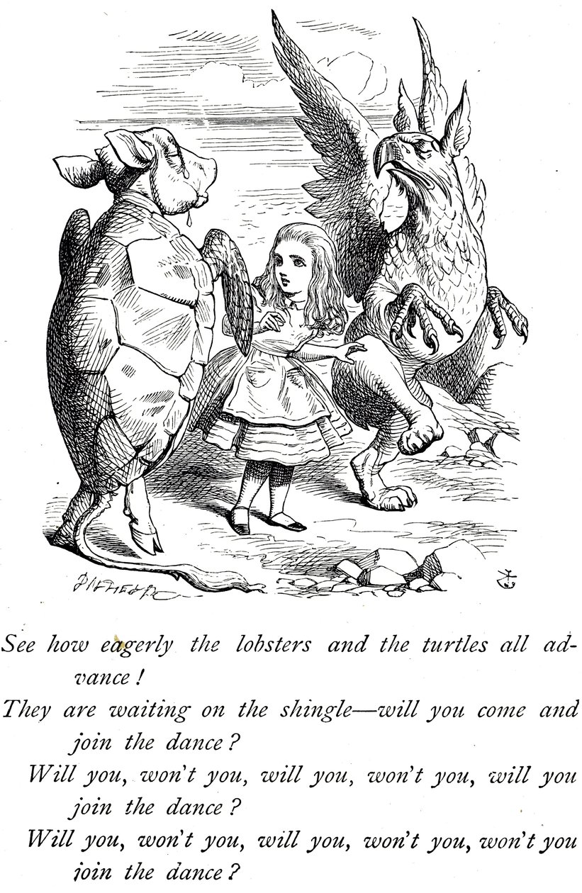 Alice, a Tartaruga Falsa e o Gryphon das Aventuras de Alice no País das Maravilhas de John Tenniel