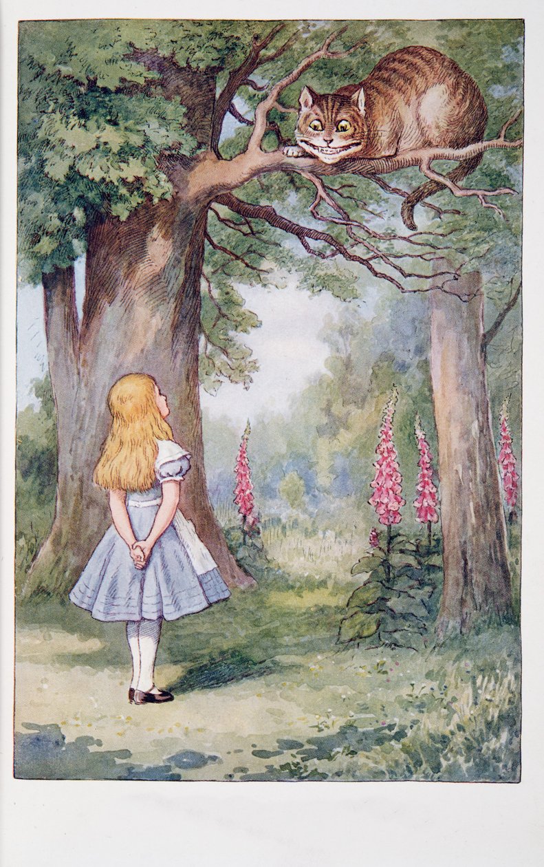 Alice e o Gato de Cheshire, Alicia Aventuras no País das Maravilhas e Através do Espelho e O Que Alice Encontrou Lá, de Lewis Carroll (1832 - 98), publicado em 1911 (litografia colorida) de John Tenniel