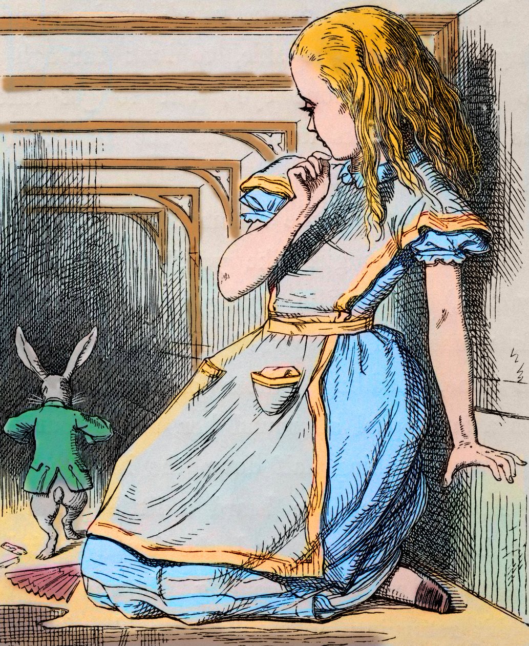 Alice e o coelho branco. Ilustração de John Tenniel da primeira edição de 