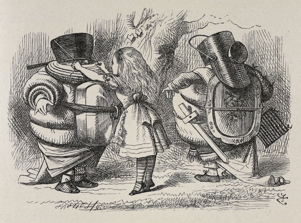 Alice a vestir o Tweedledee e o Tweedledum. de John Tenniel