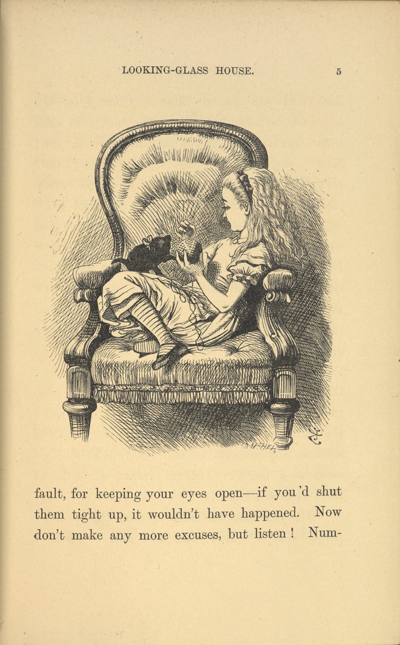 Alice sentada em uma cadeira brincando com um gatinho. de John Tenniel