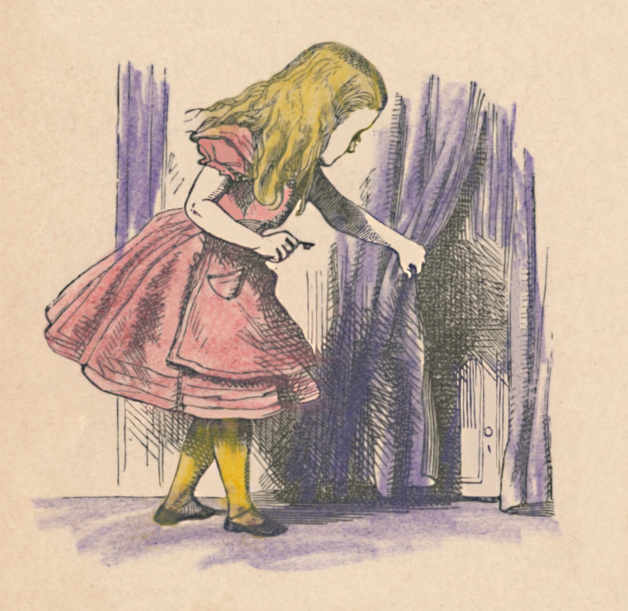 Alice olhando para uma pequena porta atrás de uma cortina, 1889 de John Tenniel