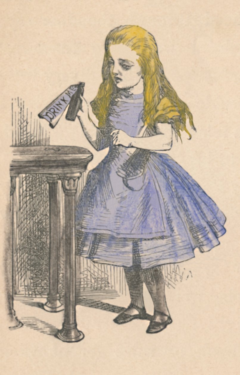 Alice olhando para a garrafa com a placa me bebe, 1889 de John Tenniel