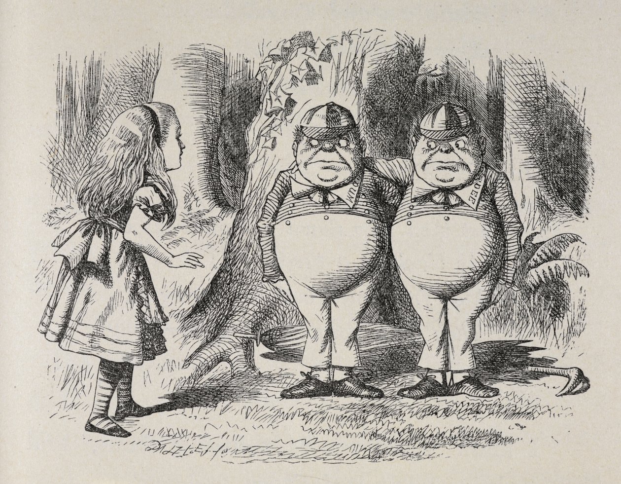 Alice encontra-se pela primeira vez com Tweedle Dee e Tweedle Dum.
Estavam debaixo de uma árvore, cada um com um braço à volta do pescoço do outro, e Alice sabia qual era o que num momento, porque um deles tinha "Dum" bordado no seu colarinho, e o outro "D de John Tenniel