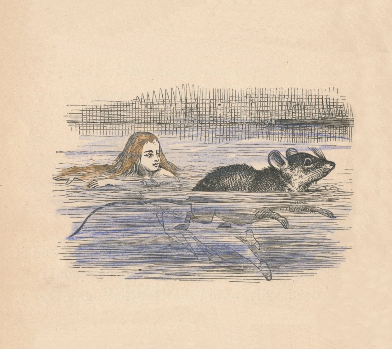 Alice nadando com um mouse em uma piscina, 1889 de John Tenniel