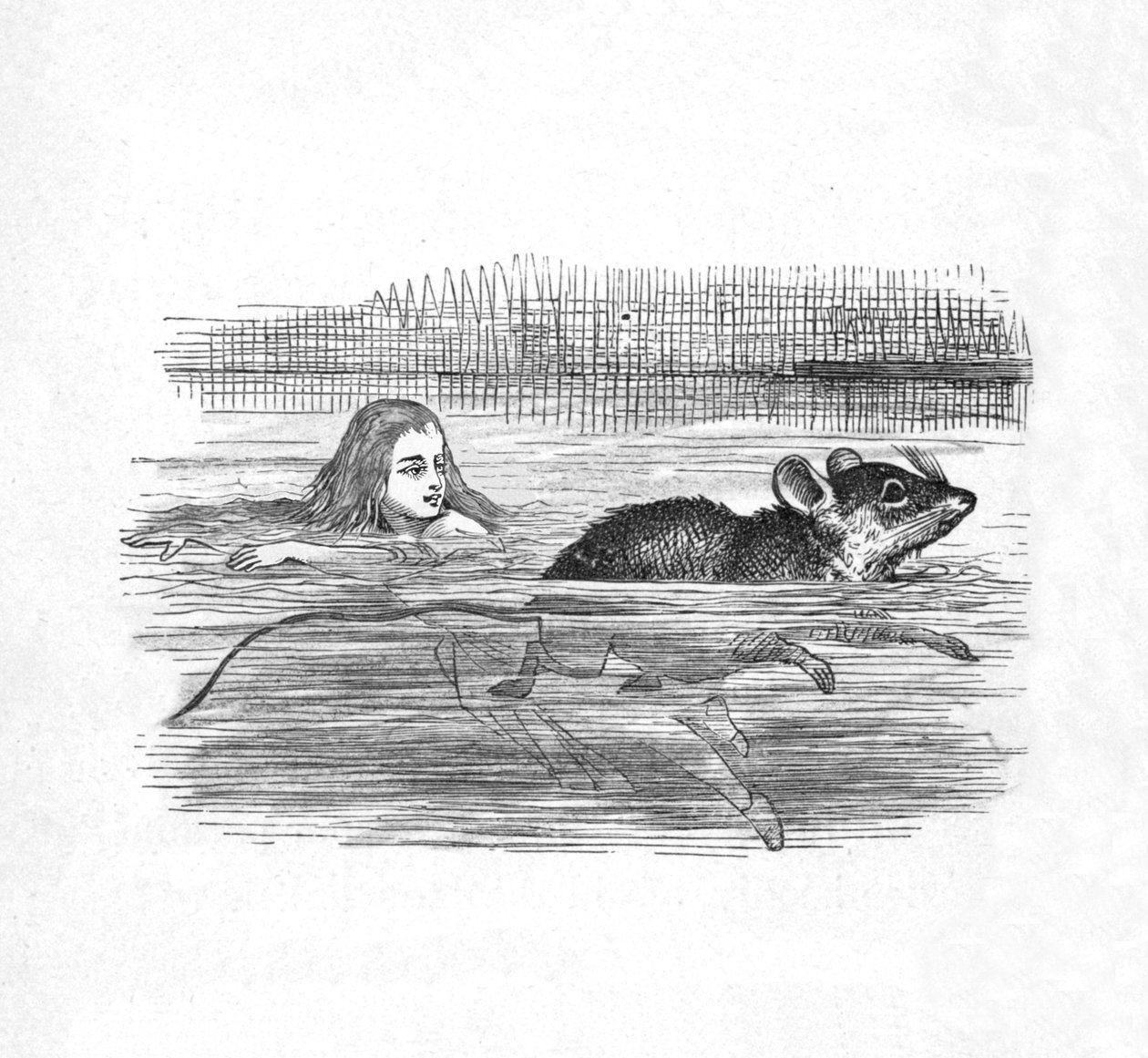 Alice nadando com um rato em uma piscina, 1889 de John Tenniel