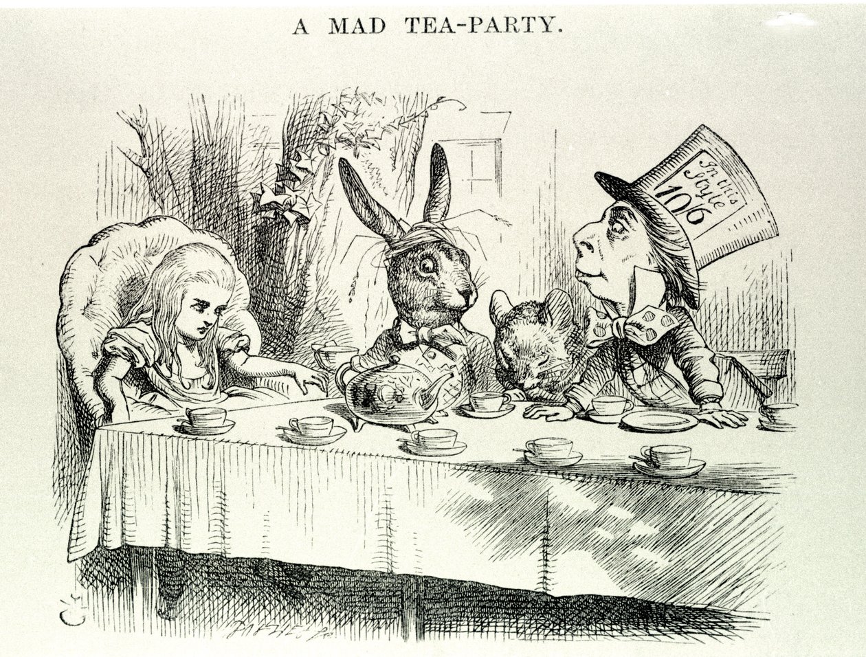 Alice leva "As aventuras de Lewis Carroll no País das Maravilhas e através do espelho", ilustração de John Tenniel (1820-1914) de John Tenniel