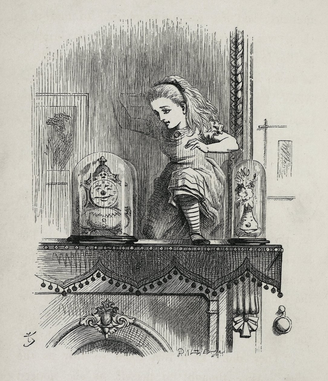 Alice atravessando o espelho - Em "As aventuras de Alice no País das Maravilhas e através do espelho" de Lewis Carroll, ilustração de John Tenniel (1820-1914) de John Tenniel