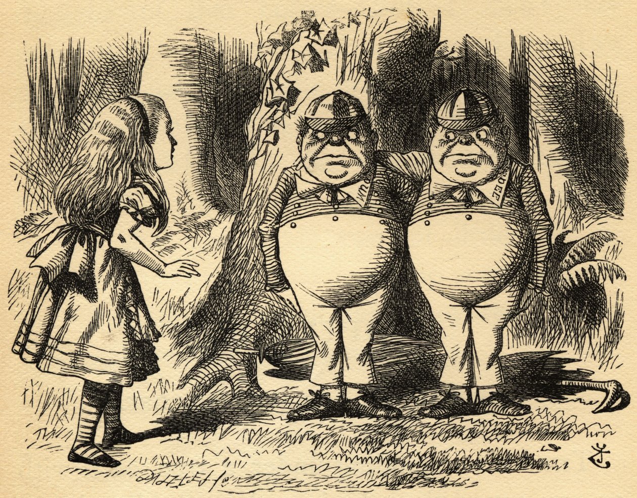 Alice com Tweedledum e Tweedledee. Ilustração de Sir John Tenniel de John Tenniel