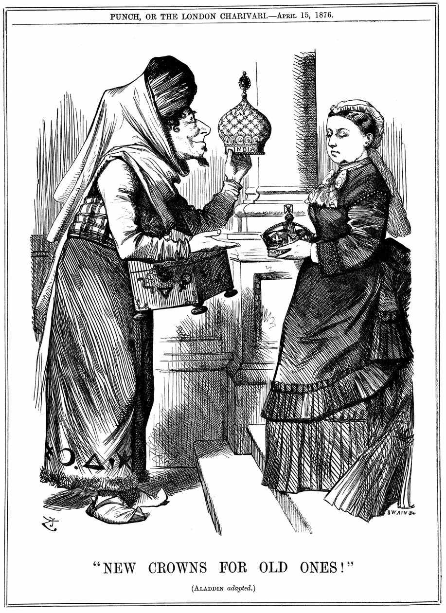 Benjamin Disraeli oferecendo a coroa da Índia à Rainha Vitória. Ela foi proclamada Imperatriz da Índia em 1 de Maio de 1876. John Tenniel cartoon de Punch London 15 de Abril de 1876 de John Tenniel