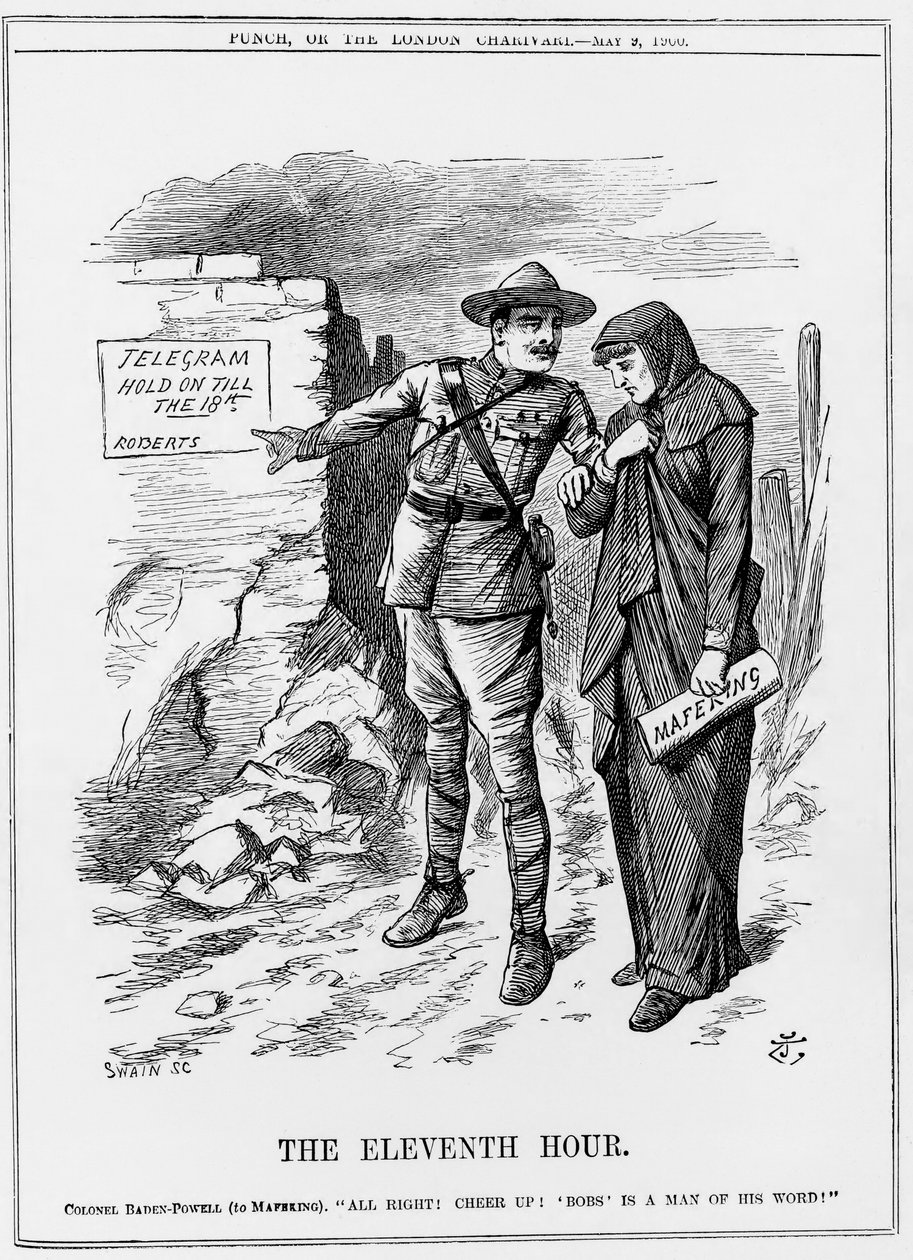Guerra bôer: Baden Powell encorajando Mafeking a resistir. Lord Roberts prometeu libertá-los até 18 de Maio. John Tenniel cartoon de Punch 9 de Maio de 1900. de John Tenniel