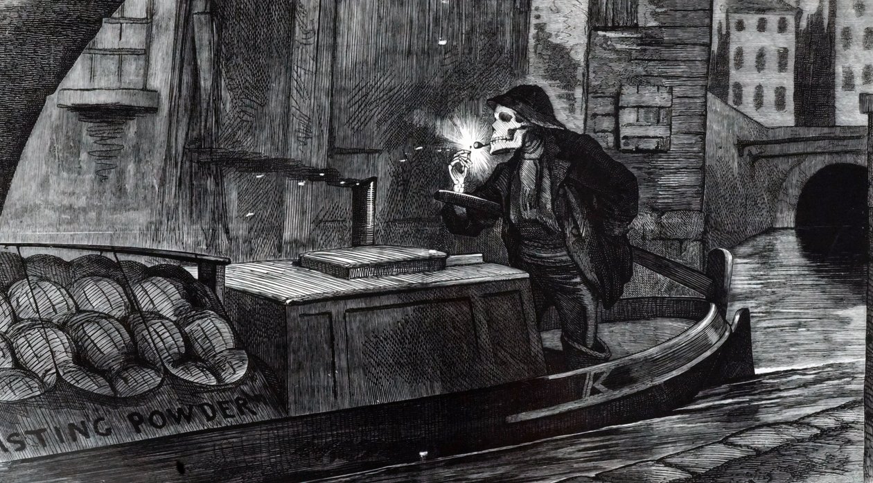 A campanha de John Tenniel sugerindo que o Parlamento deveria trazer regulamentos de segurança para o manuseio e transporte de explosivos após a destruição de uma barcaça carregando pólvora no Canal do Regente, em Londres. Ilustrado por John Tenniel (1820- de John Tenniel