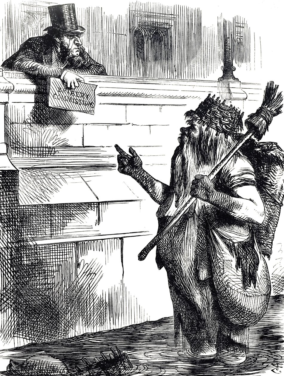 Comentário cartoon sobre a sujeira do Tamisa e as investigações sobre suborno durante as eleições em Great Yarmouth, Reigate e Lancaster de John Tenniel