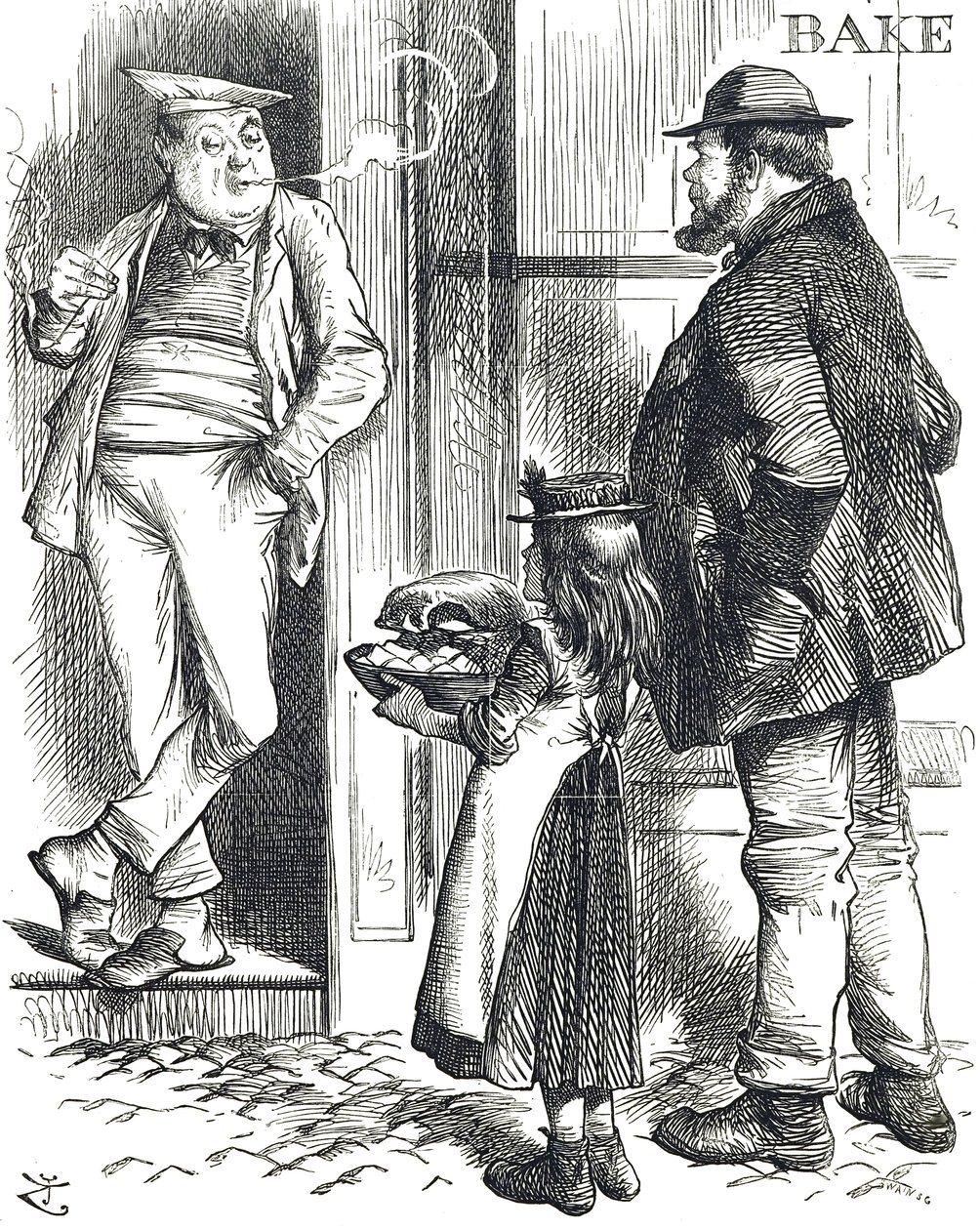 Comentários de desenhos animados sobre as instalações de cozinha restritas em casas pobres onde muitas vezes não havia forno de John Tenniel