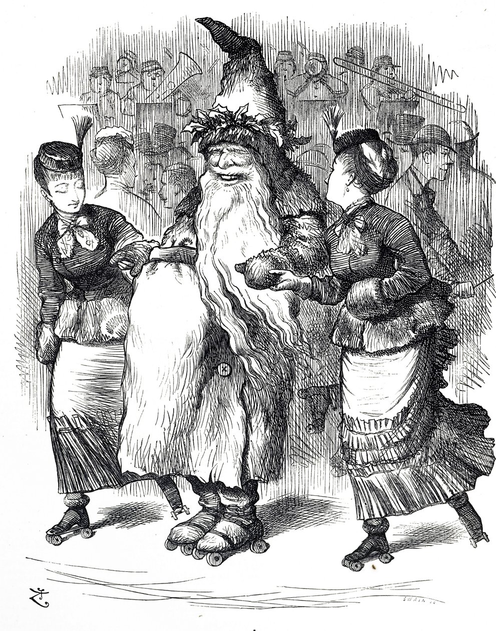 Desenho animado representando o Pai Natal patinando de John Tenniel