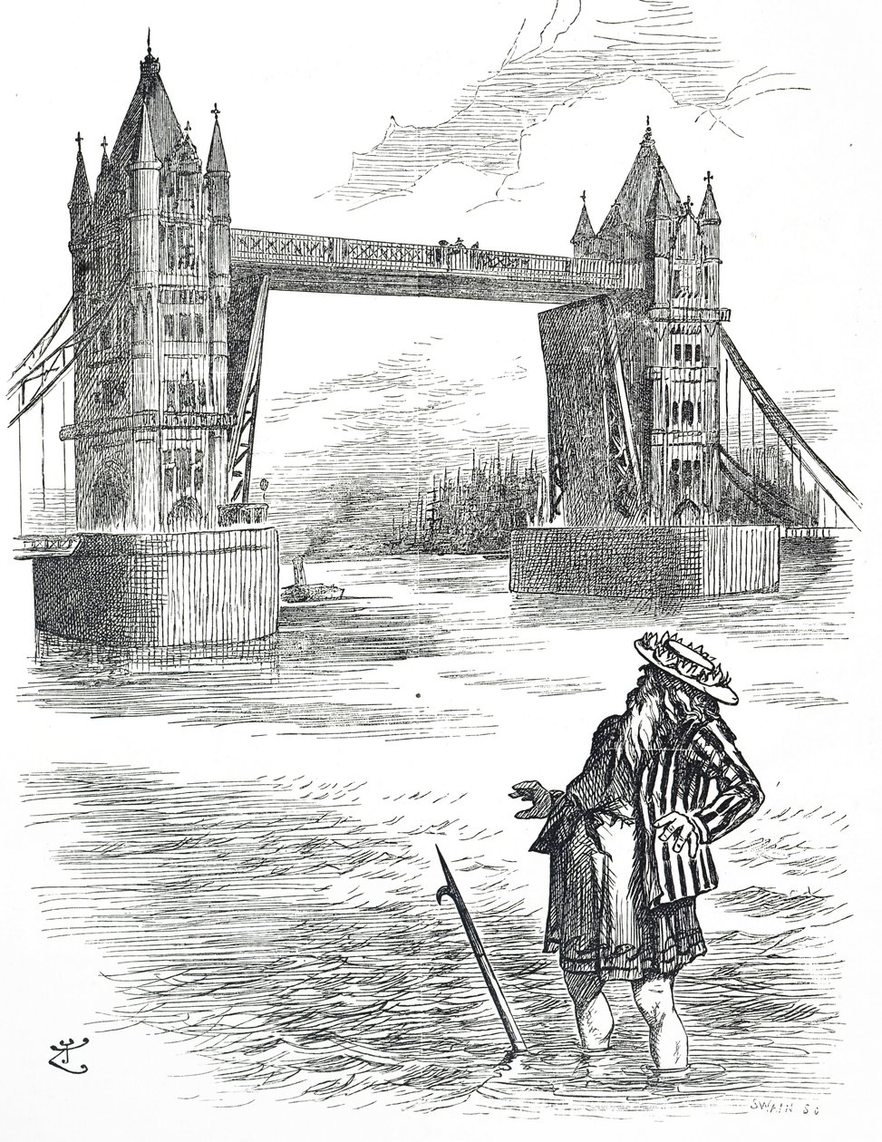 Desenho animado retratando o Padre Thames admirando a Ponte da Torre, Londres de John Tenniel