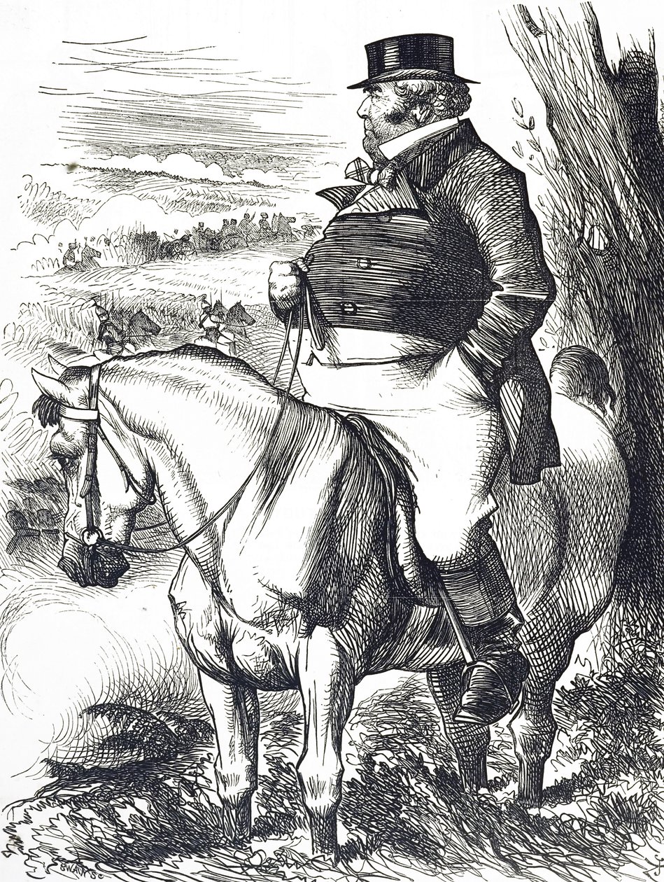 Desenho animado retratando John Bull assistindo manobras de outono de John Tenniel
