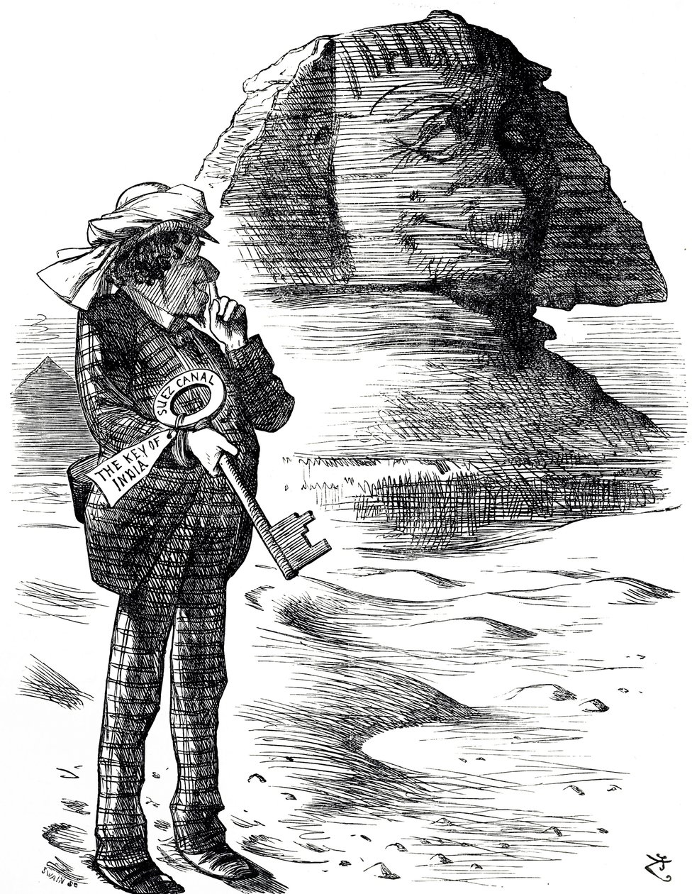 Desenho animado representando o Primeiro Ministro Benjamin Disraeli segurando o Canal de Suez como a chave para a posse e influência britânica na Índia de John Tenniel