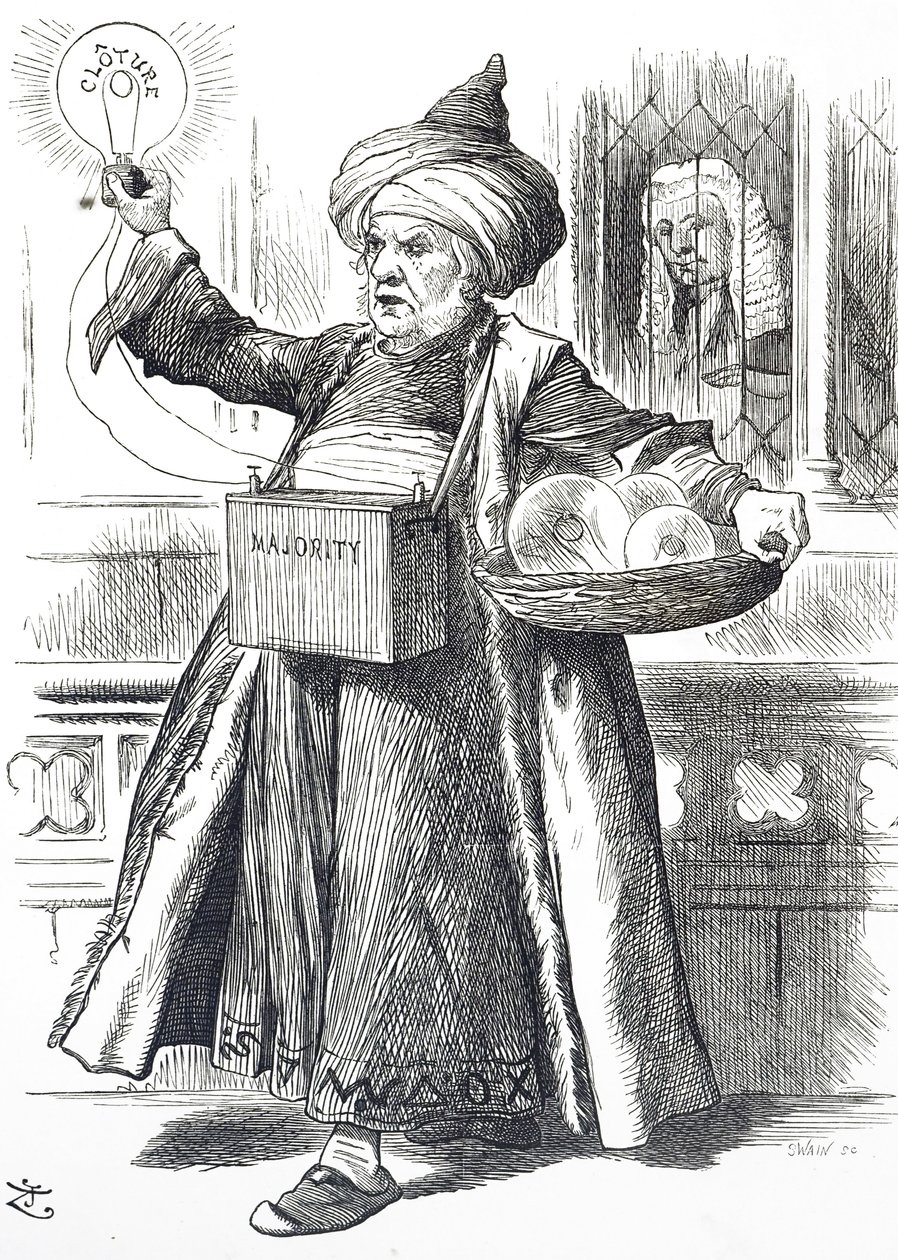 Desenho animado representando William Ewart Gladstone como Aladdin de John Tenniel