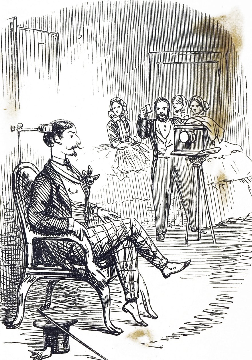Desenho animado com uma pinça de cabeça a ser usada para manter o sujeito do fotógrafo imóvel de John Tenniel