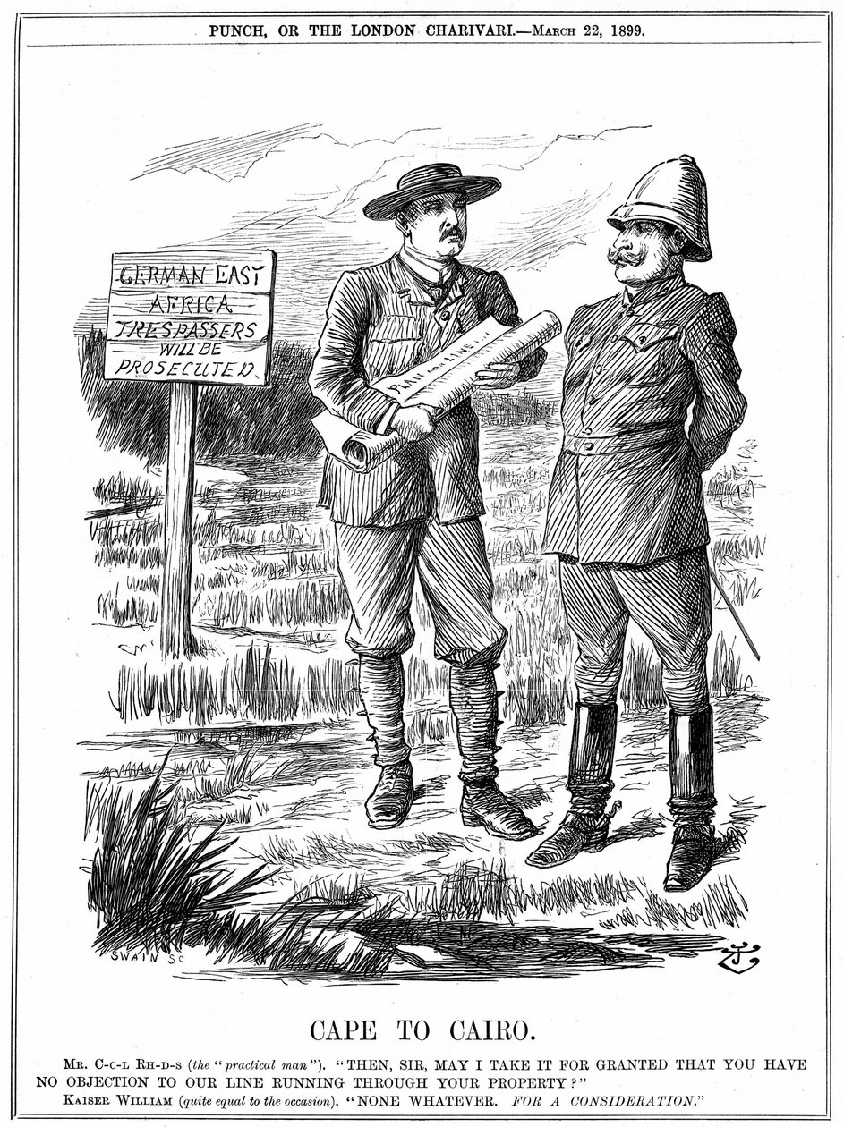 Cecil John Rhodes (1852-1902), estadista sul-africano de origem inglesa, pede ao imperador alemão permissão para dirigir uma linha telegráfica através da África Oriental alemã. Cape To Cairo, cartoon de John Tenniel de 