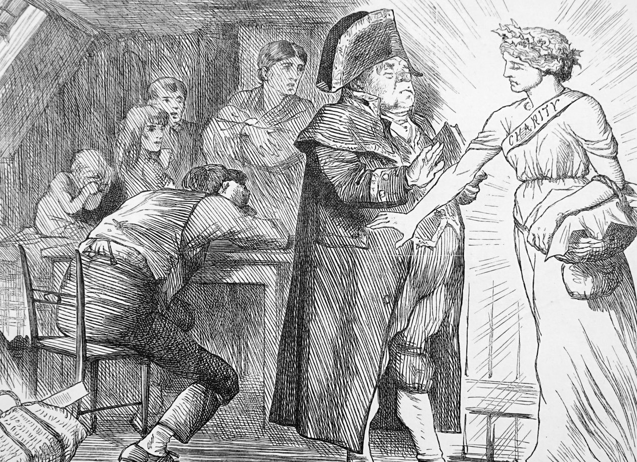Caridade varrendo os protestos do Sr. Brumble em sua determinação de levar alívio a famílias pobres em dificuldade de John Tenniel