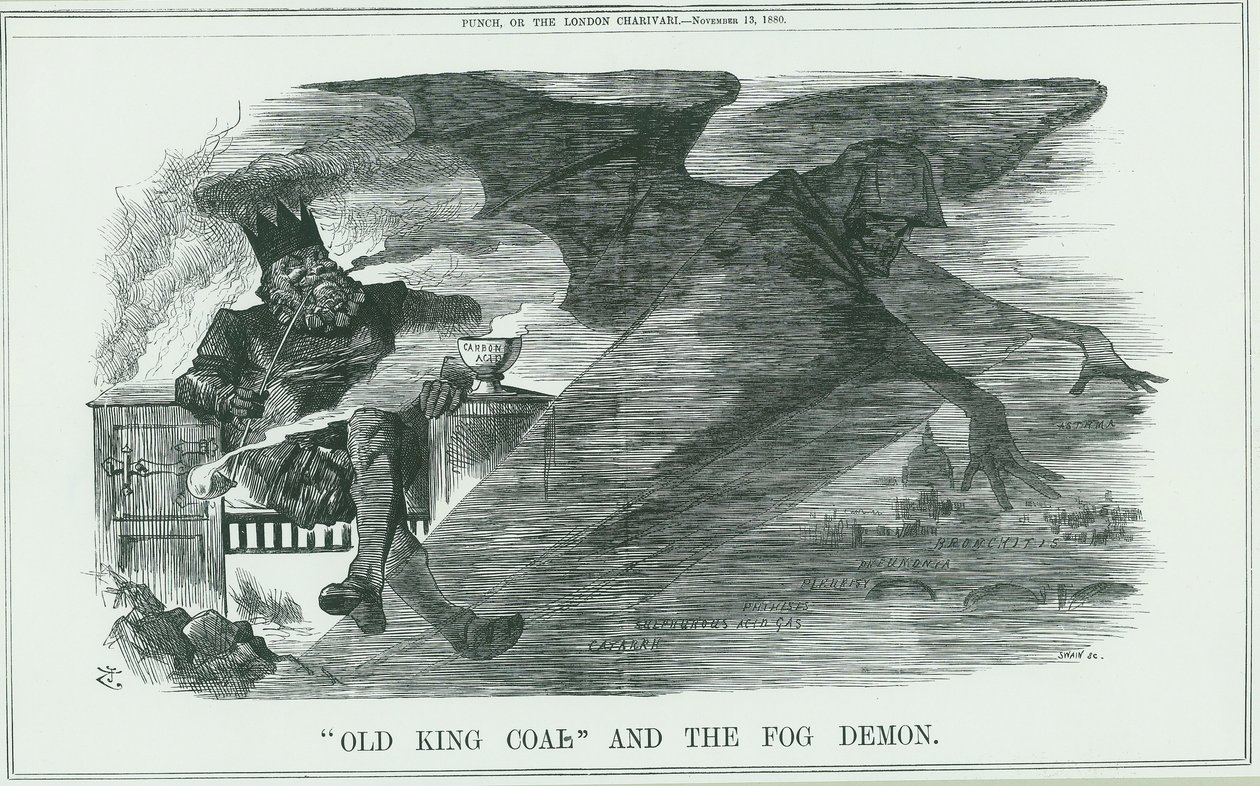 Efeitos da queima do Old King Coal em Londres. O nevoeiro causou asma, bronquite, pneumonia, pleurisia, etc. Desenho animado de John Tenniel de Punch, Londres de John Tenniel